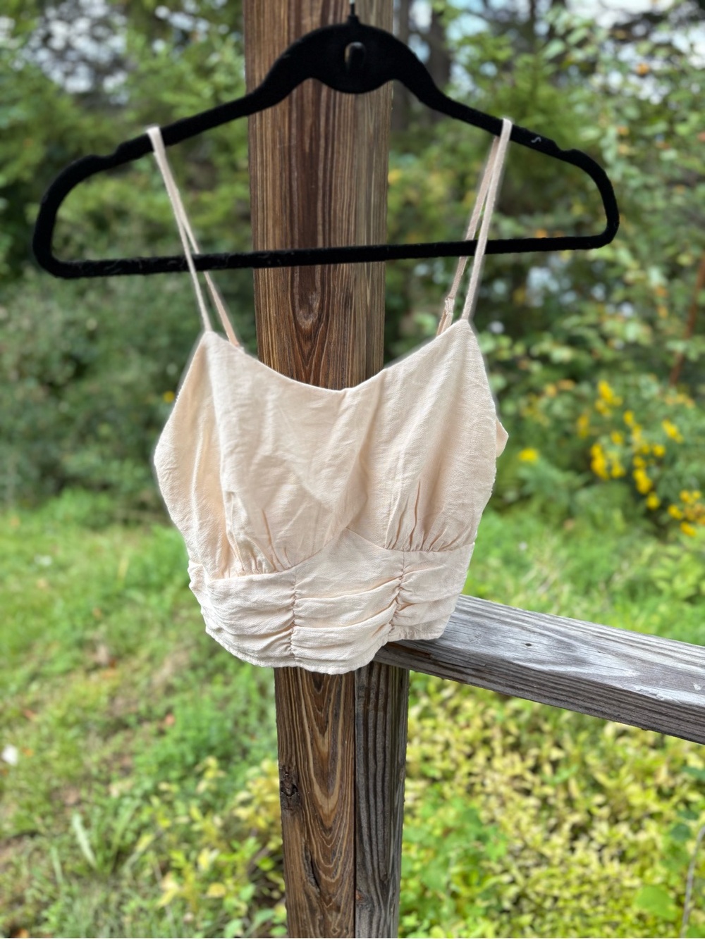 Paper Crane Cream Ruched Crop Tank With Spaghetti Straps